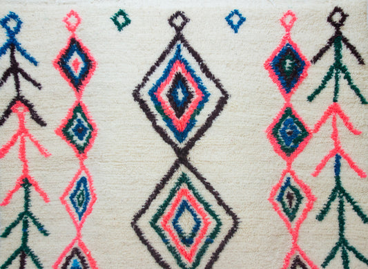 Azilal Pile Rug — Ivory Field with Lozenge Axis & Branch-Glyph Borders