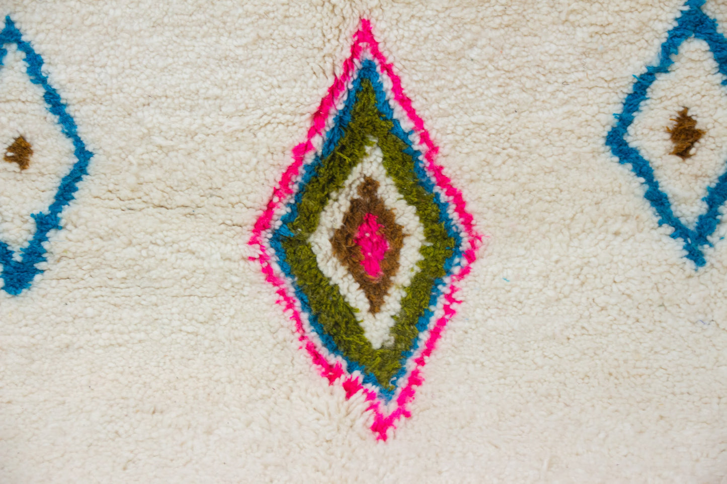 Azilal Pile Rug — Ivory Field with Neon Lozenge Axis & Branch Glyphs