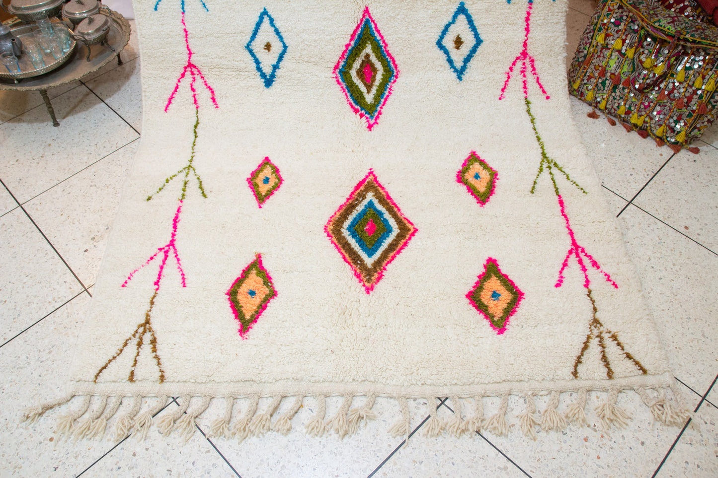 Azilal Pile Rug — Ivory Field with Neon Lozenge Axis & Branch Glyphs