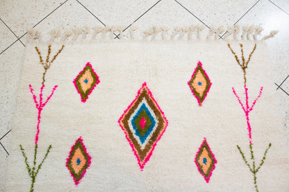 Azilal Pile Rug — Ivory Field with Neon Lozenge Axis & Branch Glyphs