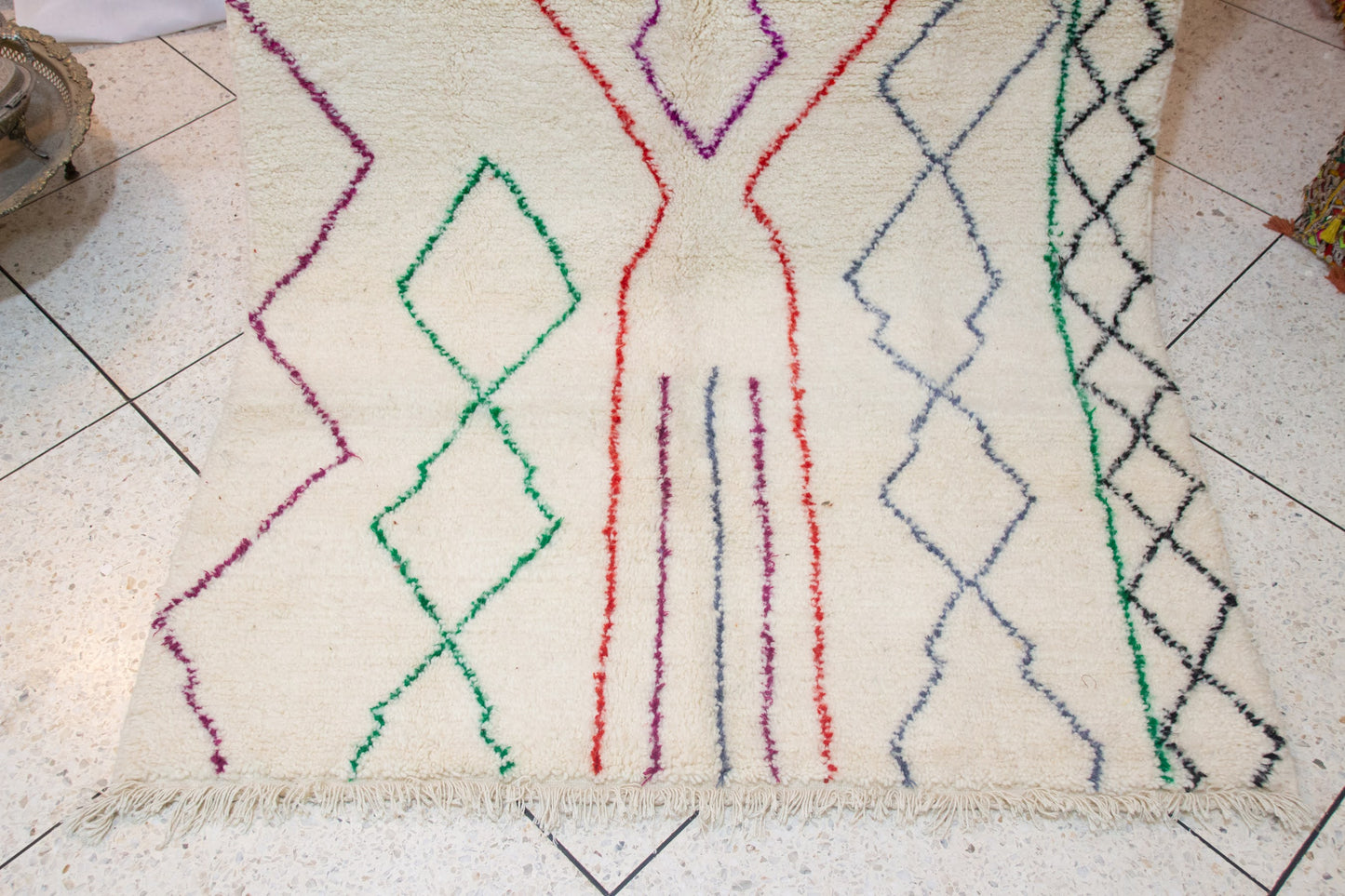 Azilal Pile Rug — Ivory Field with Nested Lozenges & Edge Lattice