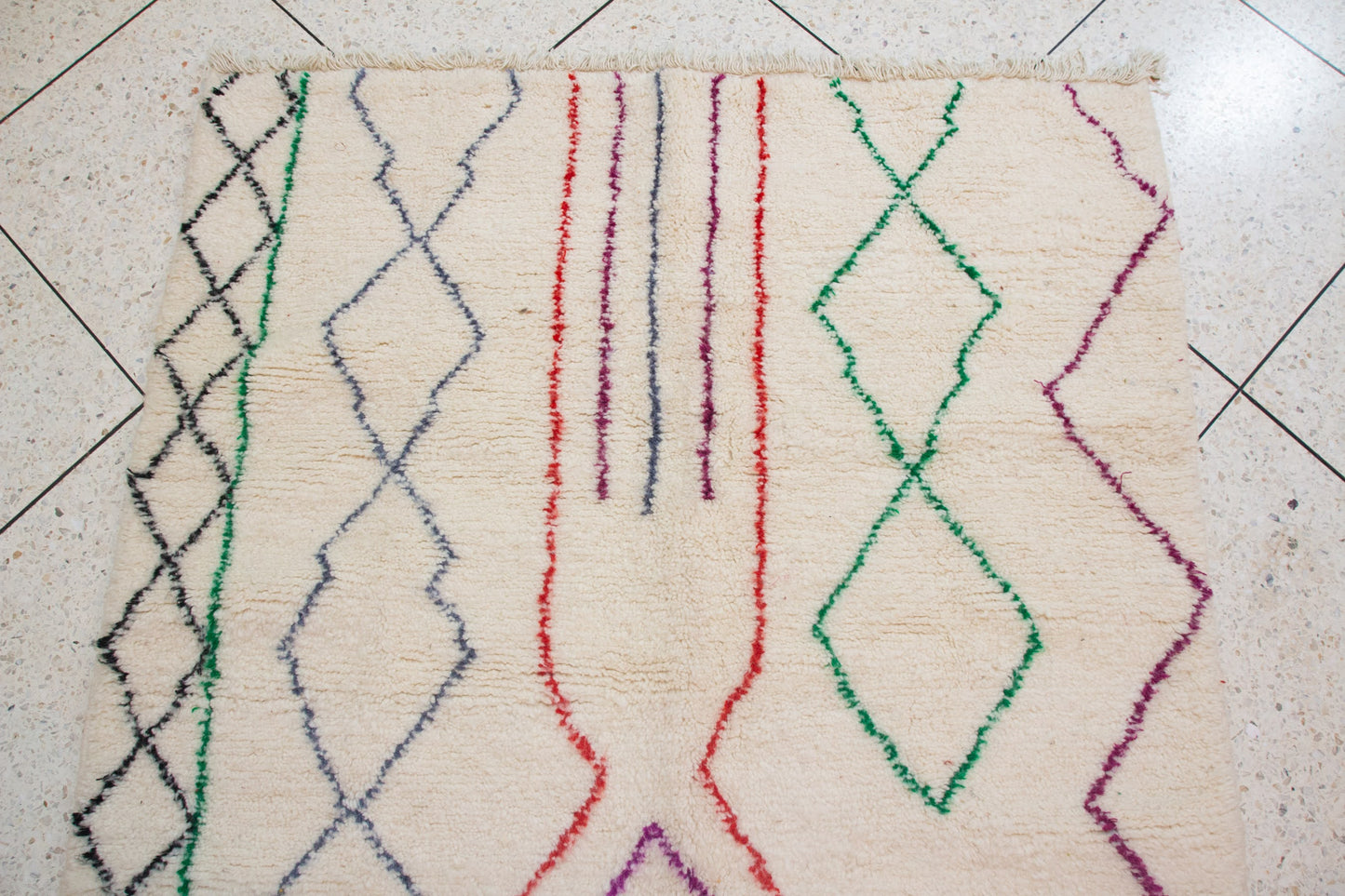 Azilal Pile Rug — Ivory Field with Nested Lozenges & Edge Lattice