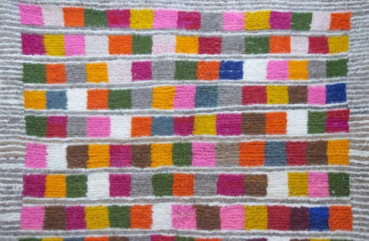 Boujaad Pile Rug — Multicolor Checker Panels on Ivory with Ribbed Guards