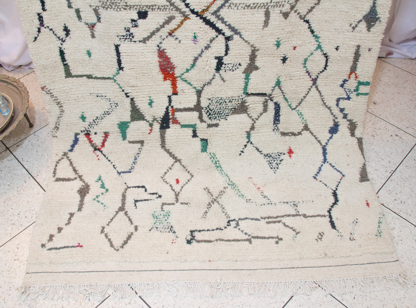 Azilal Pile Rug — Ivory Field with Calligraphic Linework & Atlas Motifs