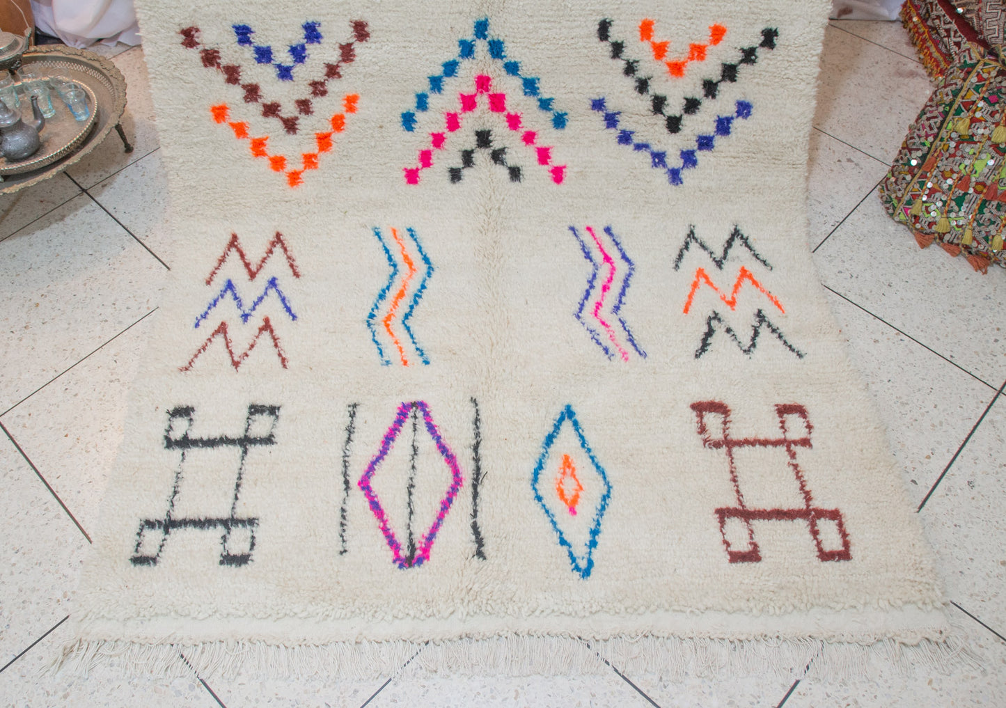 Azilal Pile Rug — Ivory Field with Glyph Suite & Beaded Chevrons