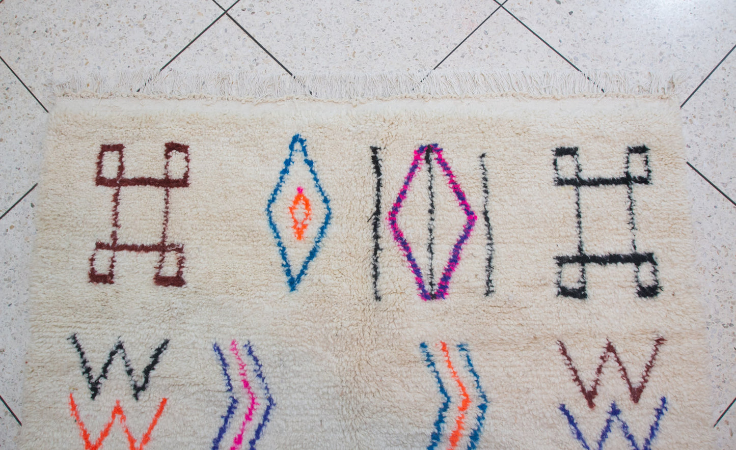 Azilal Pile Rug — Ivory Field with Glyph Suite & Beaded Chevrons