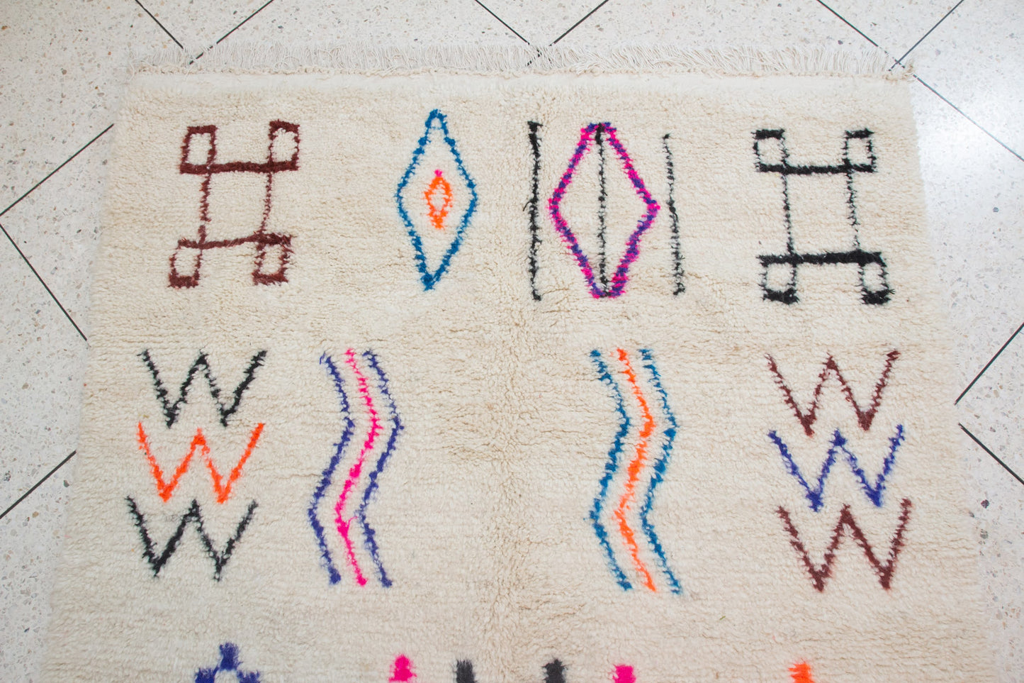 Azilal Pile Rug — Ivory Field with Glyph Suite & Beaded Chevrons