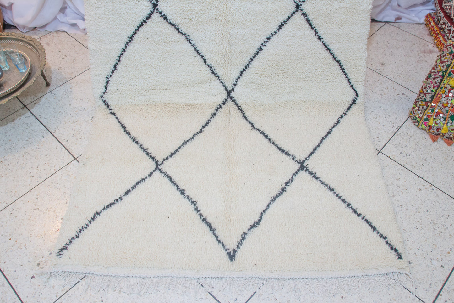 Marmoucha Pile Rug — Ivory Field with Charcoal Open Lattice