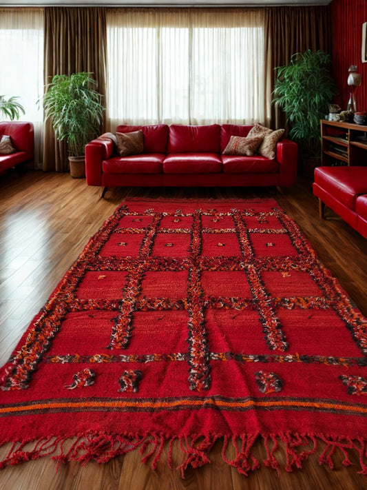 Red patterned rug on a wooden floor with a red sofa and plants in the background.