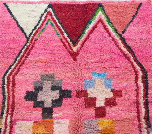 Boujaad Pile Rug — Rose Sanctuary Field with Twin Cross Rosettes