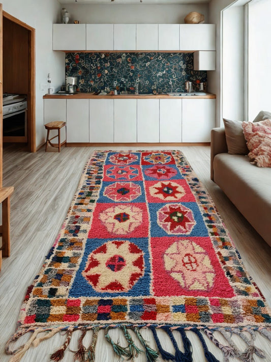 Colorful patterned rug on a wooden floor in a modern kitchen.