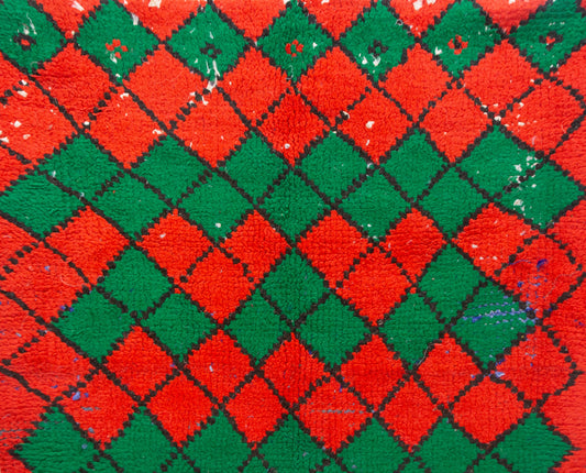 Boucherouite Argyle Lattice — Red & Emerald Reclaimed-Textile Rug