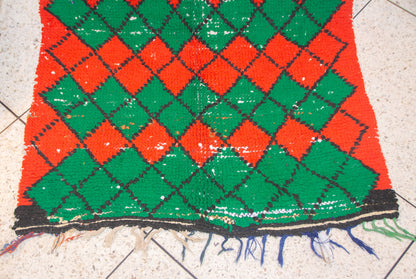 Boucherouite Argyle Lattice — Red & Emerald Reclaimed-Textile Rug