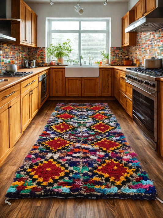 Colorful patterned rug on a wooden floor in a kitchen with wooden cabinets and a window.
