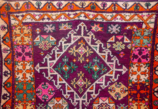 Boujaad Plum-Field with Star Medallions — Nested Lozenges & Floral Guard Borders