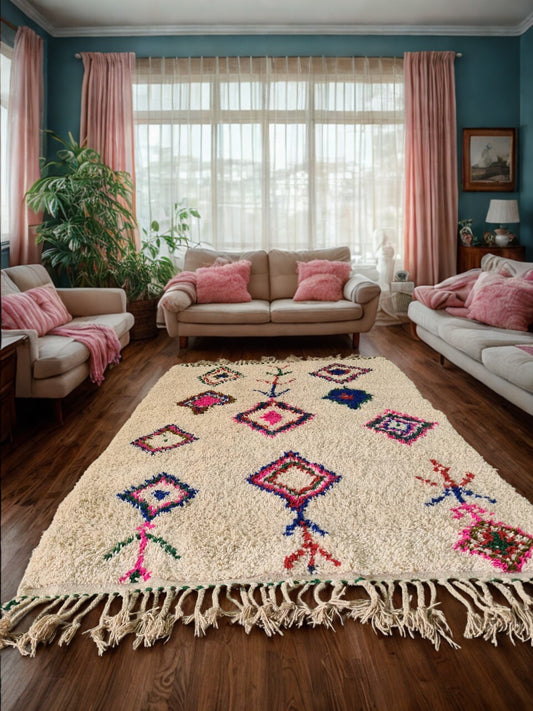 Living room with a patterned rug, couches, and pink curtains.