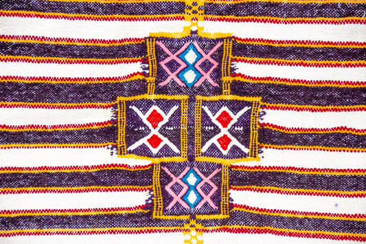 Boujaad Kilim Stripe with Talisman Spine — Ivory & Cocoa Suede Flatweave