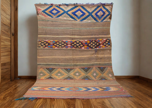 Patterned rug on a wooden floor with a neutral wall background