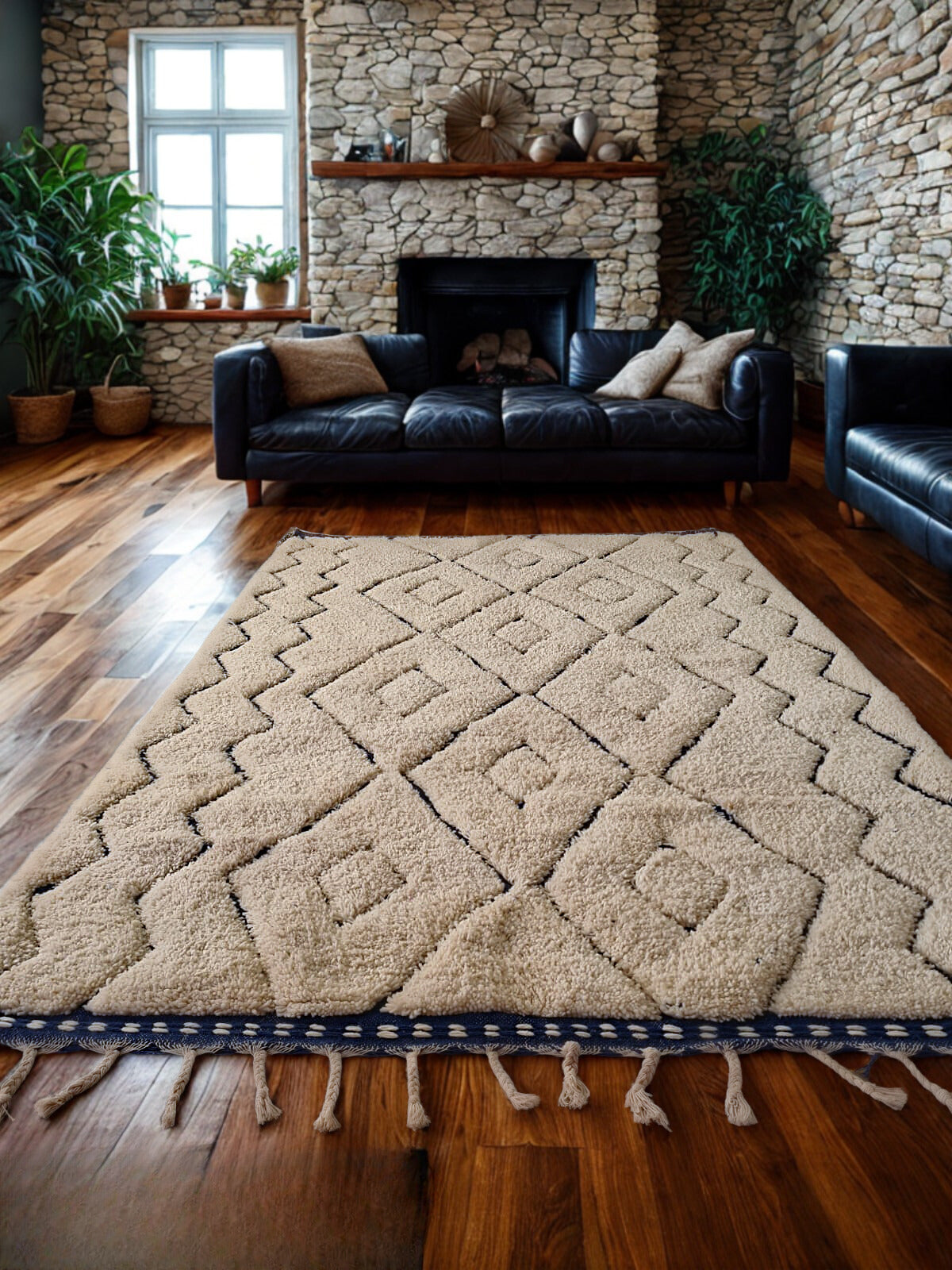 Living room with a patterned rug, black leather sofa, and stone wall.