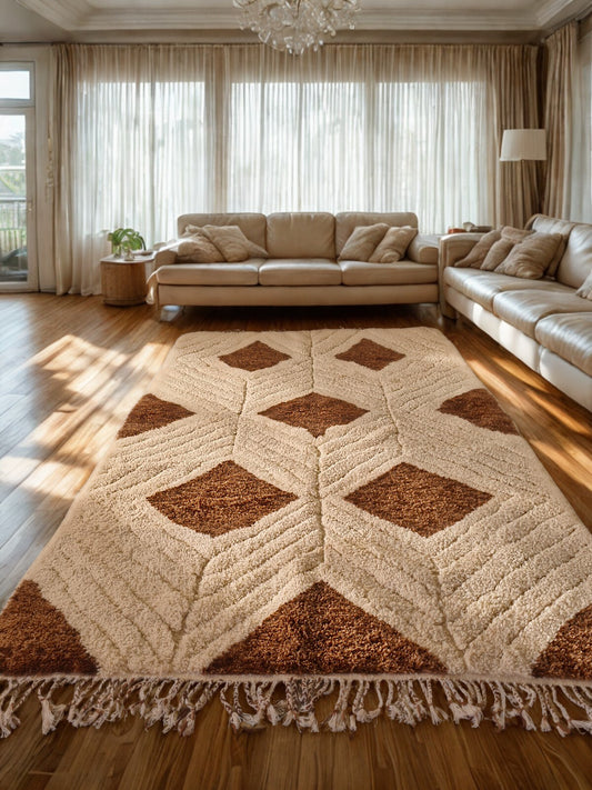 Lozenges of the Earth – Sculpted Beni Mrirt Rug in Rust and Ivory Wool