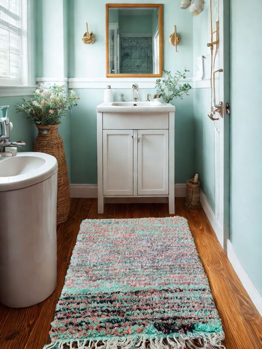 Bathroom with a colorful rug on the wooden floor, white sink, and teal walls.