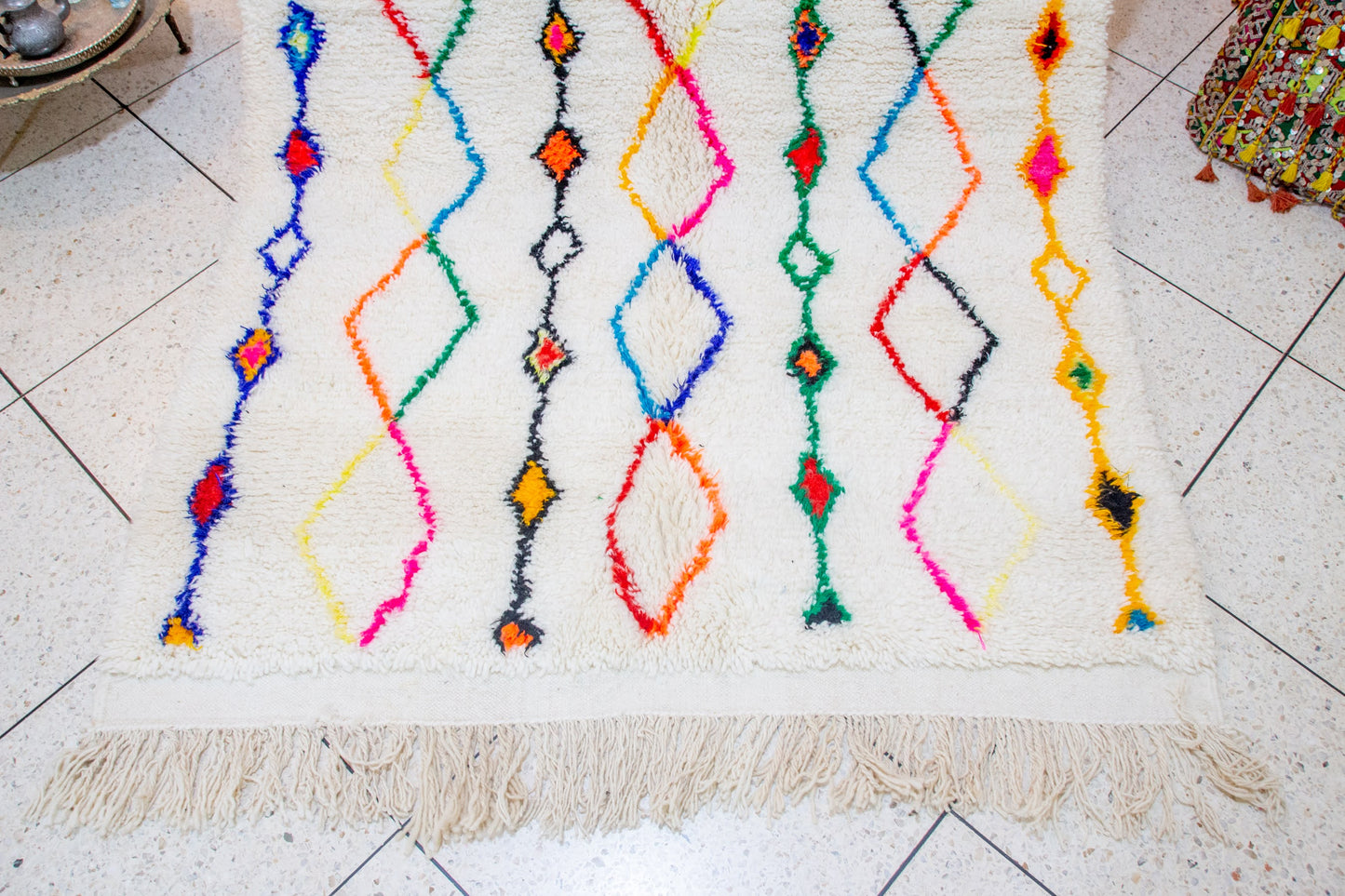Azilal Pile Rug — Ivory Field with Rainbow Lozenge Columns