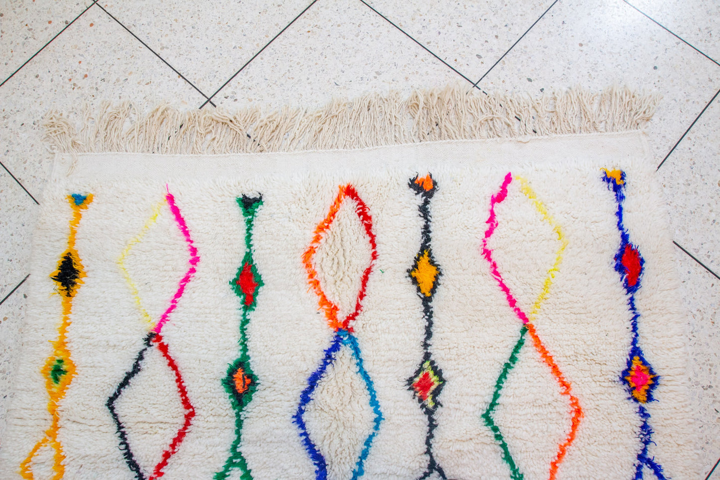 Azilal Pile Rug — Ivory Field with Rainbow Lozenge Columns
