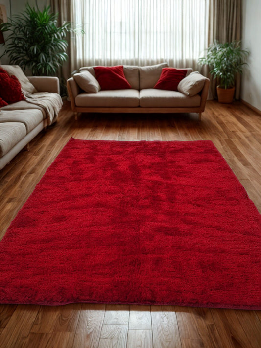 Living room with a red rug, beige sofa, and plants on a wooden floor.