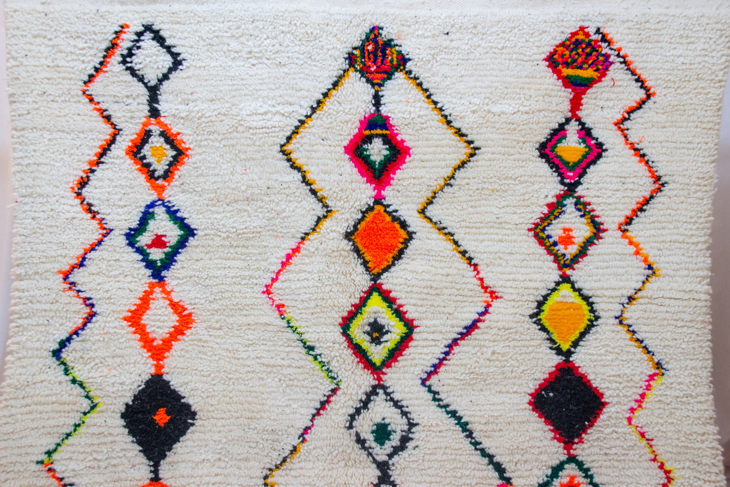 Azilal Pile Rug — Ivory Field with Neon Lozenge Columns