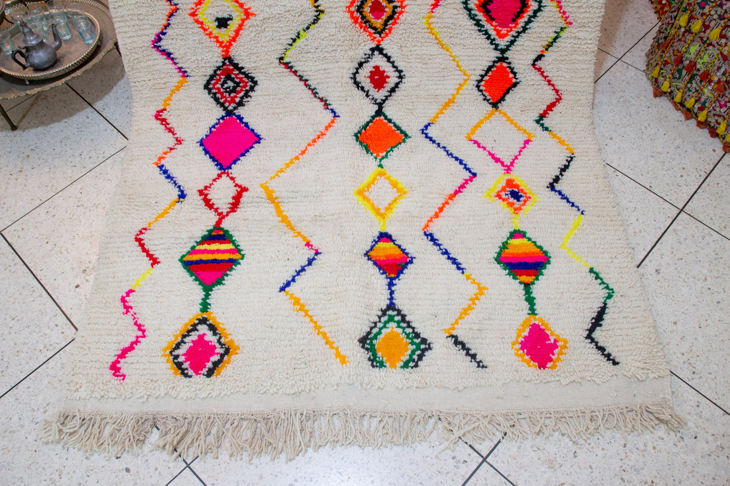 Azilal Pile Rug — Ivory Field with Neon Lozenge Columns