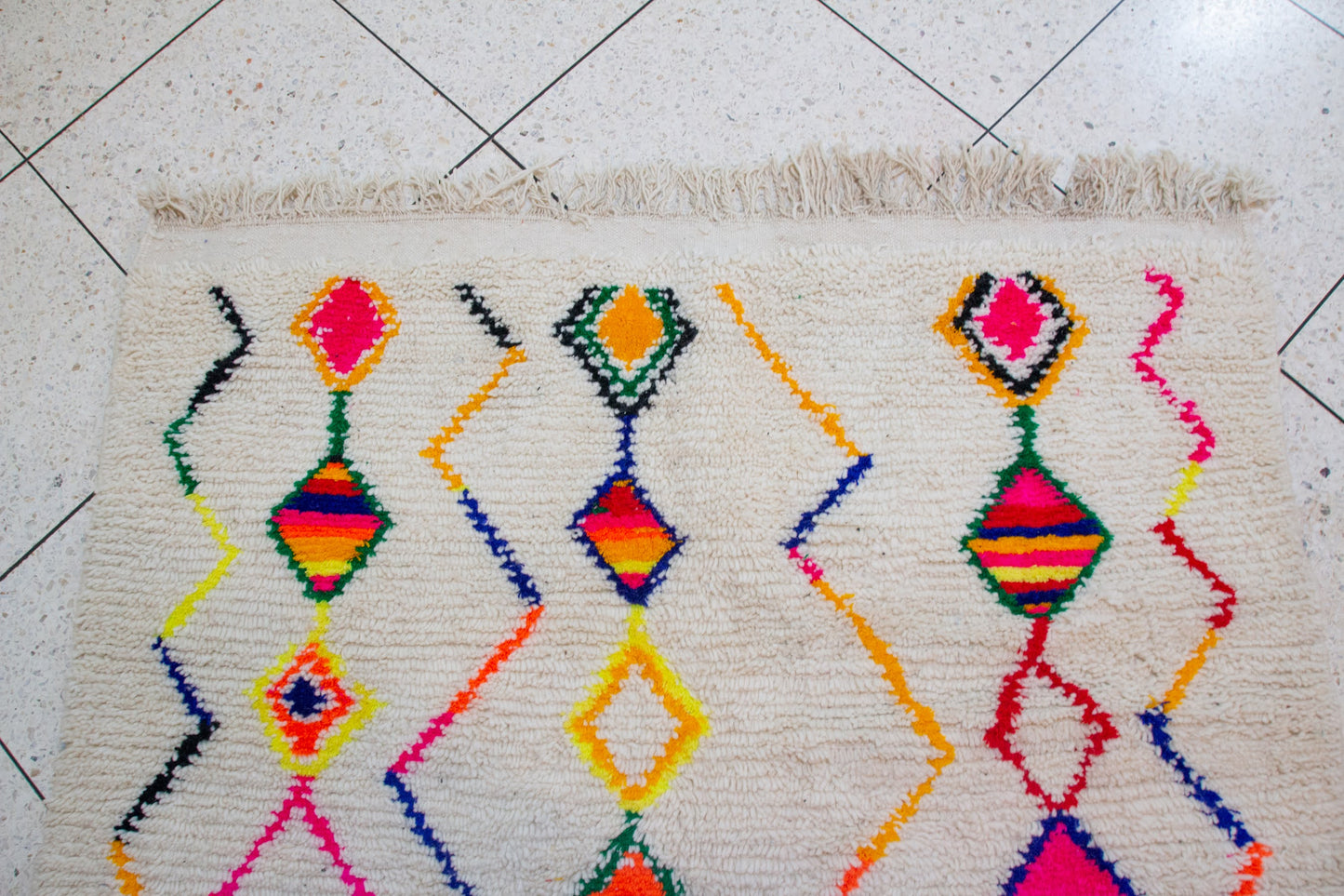 Azilal Pile Rug — Ivory Field with Neon Lozenge Columns