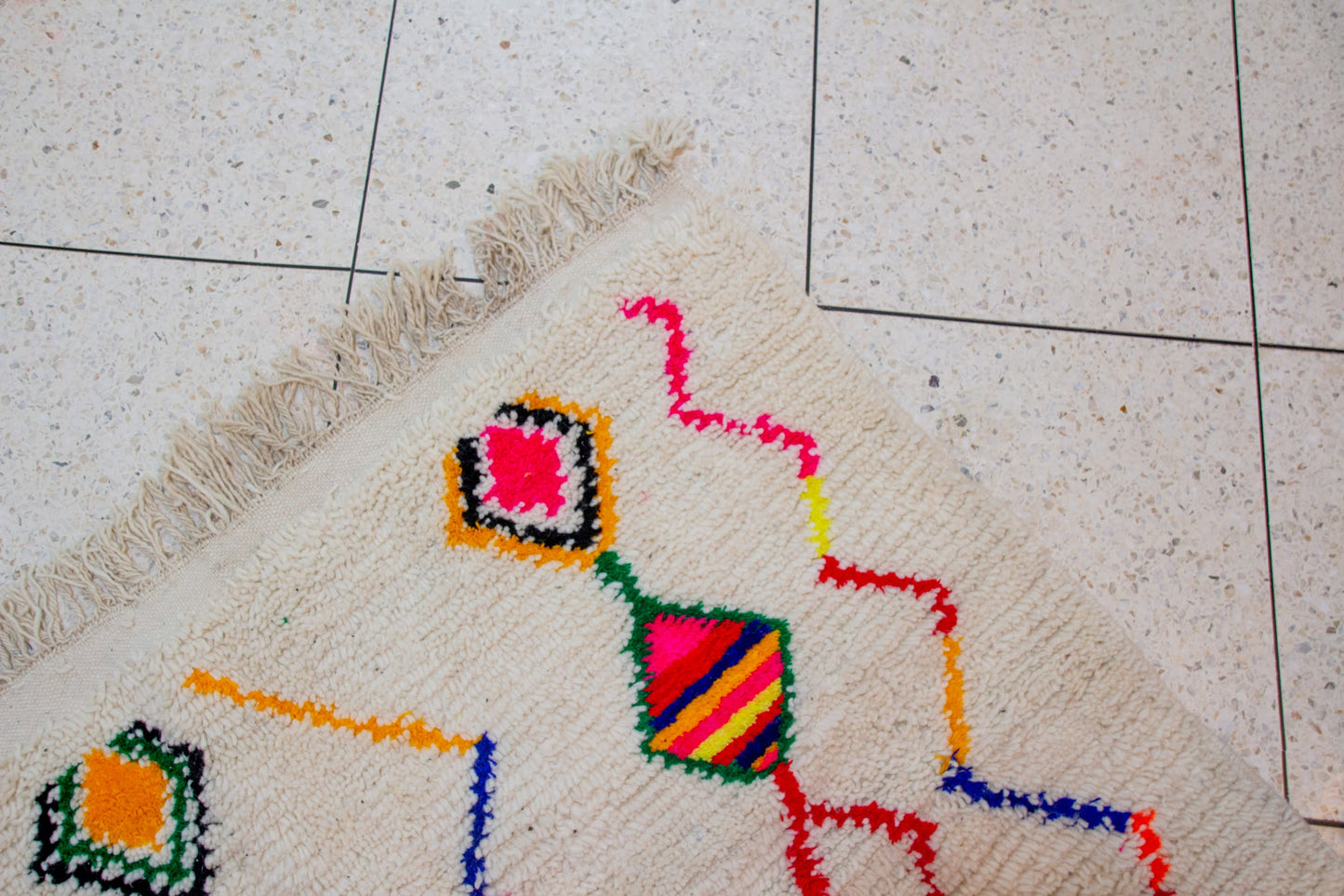 Azilal Pile Rug — Ivory Field with Neon Lozenge Columns