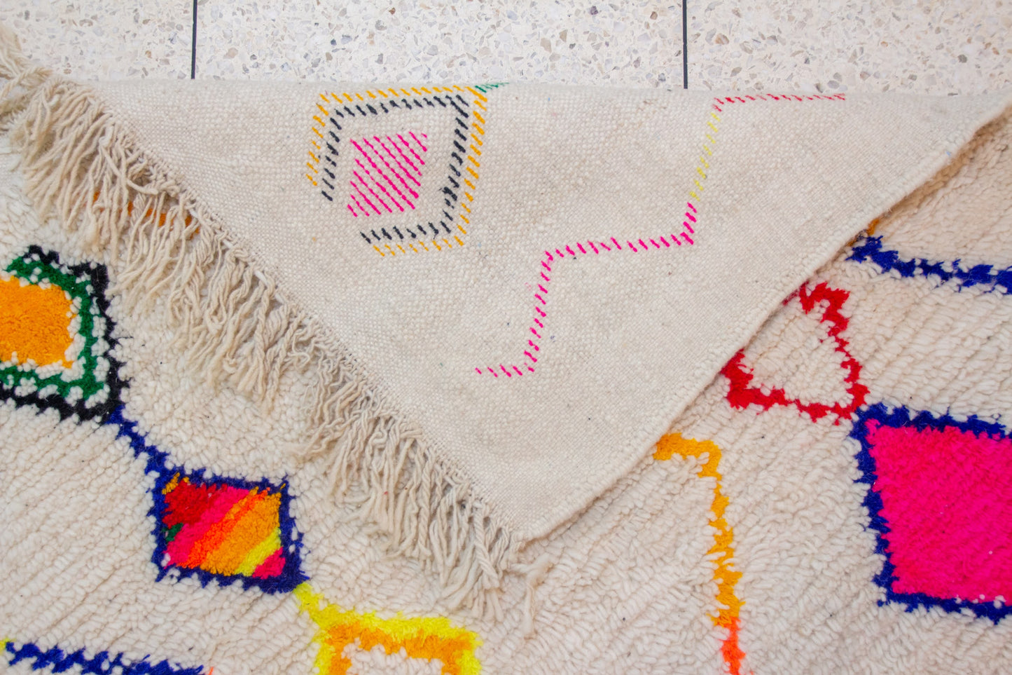 Azilal Pile Rug — Ivory Field with Neon Lozenge Columns