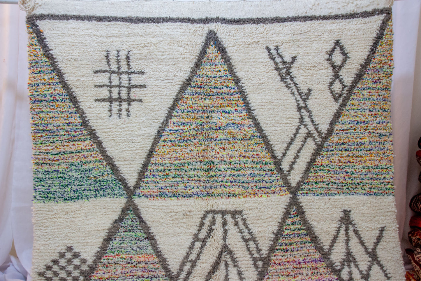 Azilal Pile Rug — Charcoal Diamond Lattice with Confetti-Filled Triangles
