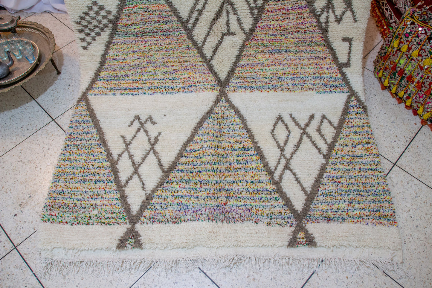 Azilal Pile Rug — Charcoal Diamond Lattice with Confetti-Filled Triangles