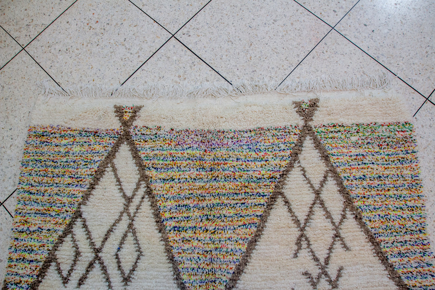 Azilal Pile Rug — Charcoal Diamond Lattice with Confetti-Filled Triangles