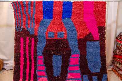 Boujaad Pile Rug — Totemic Abstract in Cobalt, Saffron & Fuchsia