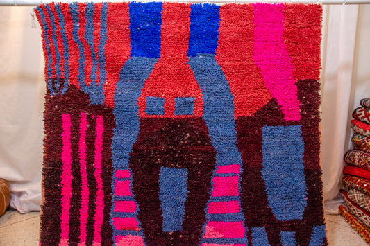 Boujaad Pile Rug — Totemic Abstract in Cobalt, Saffron & Fuchsia