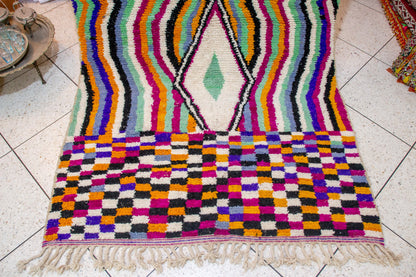 Boujaad Pile Rug — Rippling Stripes with Central Diamond & Checkerboard End