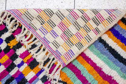 Boujaad Pile Rug — Rippling Stripes with Central Diamond & Checkerboard End