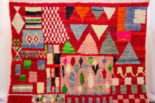 Boujaad Pile Rug — Crimson Compartment Mosaic of Stripes, Checks & Triangles