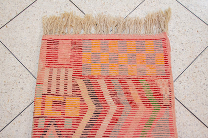 Boujaad Pile Rug — Crimson Compartment Mosaic of Stripes, Checks & Triangles