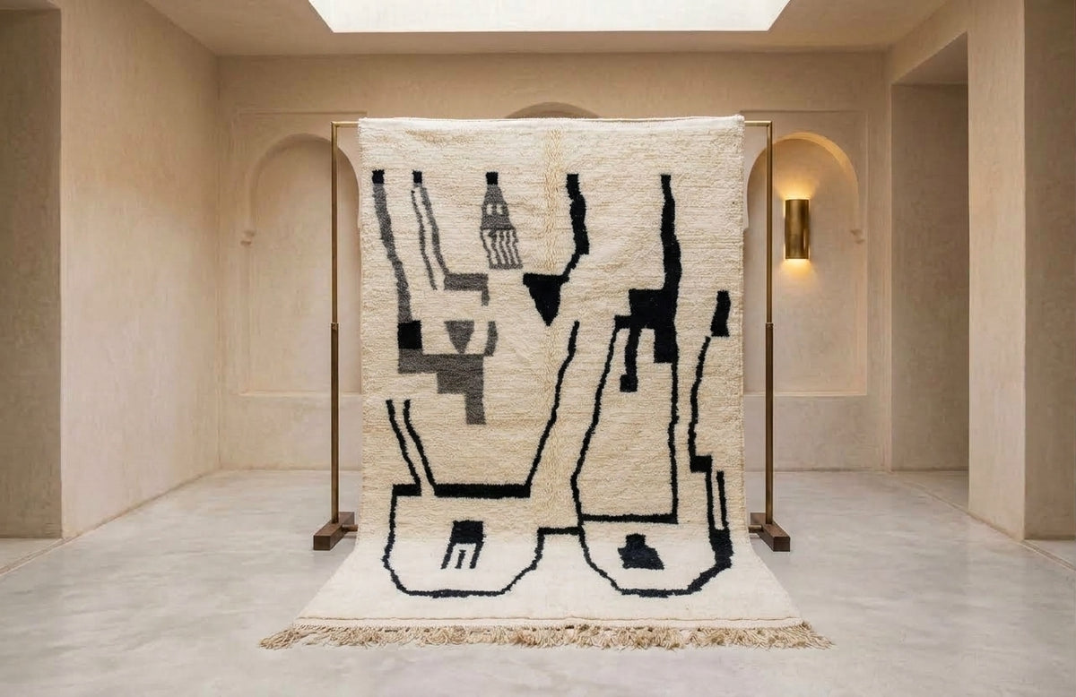 Azilal Abstract Skyline — Ivory Wool with Black & Taupe Motifs