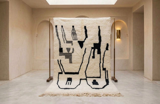 Azilal Abstract Skyline — Ivory Wool with Black & Taupe Motifs