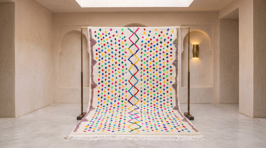 A large woven Moroccan-style rug with a colorful geometric pattern and white fringe, displayed on a black metal stand in a minimalist beige hallway.