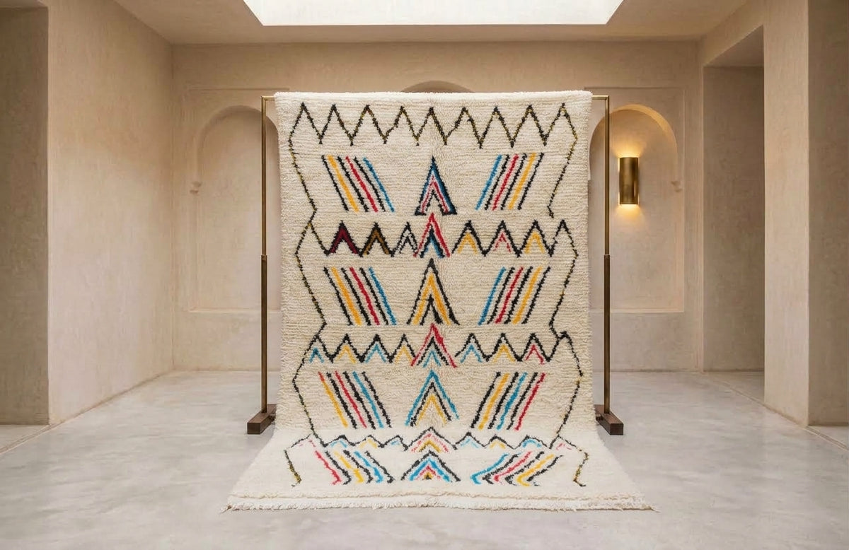 A large woven rug displayed on a wooden stand in a minimalist beige gallery space. The rug features a cream base with bold black geometric zigzags and rows of multi-colored stripes in red, blue, yellow, and orange.