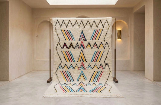 A large woven rug displayed on a wooden stand in a minimalist beige gallery space. The rug features a cream base with bold black geometric zigzags and rows of multi-colored stripes in red, blue, yellow, and orange.