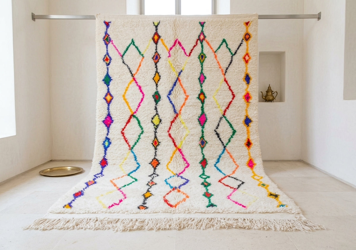 A white Moroccan-style wool rug with colorful geometric diamond patterns and a fringed edge, hanging from a metal rod in a bright, minimalist room.