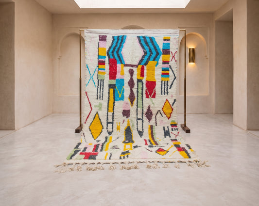 Azilal Pile Rug — Ivory Ground with Totemic Columns & Chevron Crowns