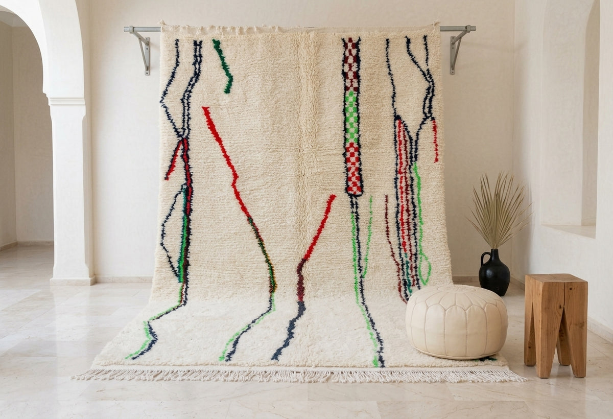 A large off-white Moroccan wool rug with colorful abstract vertical line patterns in green, red, and black, hanging from a metal rod in a bright, modern room with a pouf and wooden stool.